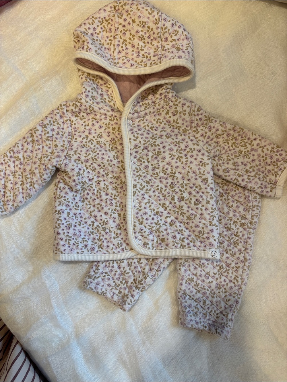 Quilted Hooded Baby Set in Cream with Floral Print